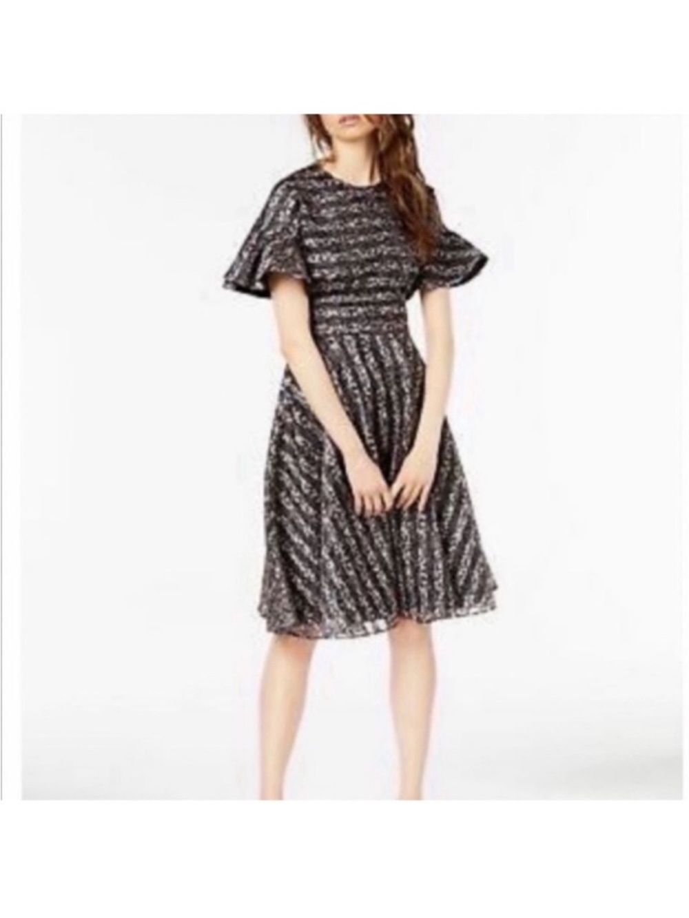 Jill Stuart Black Floral-Print Flutter Sleeve Midi Dress